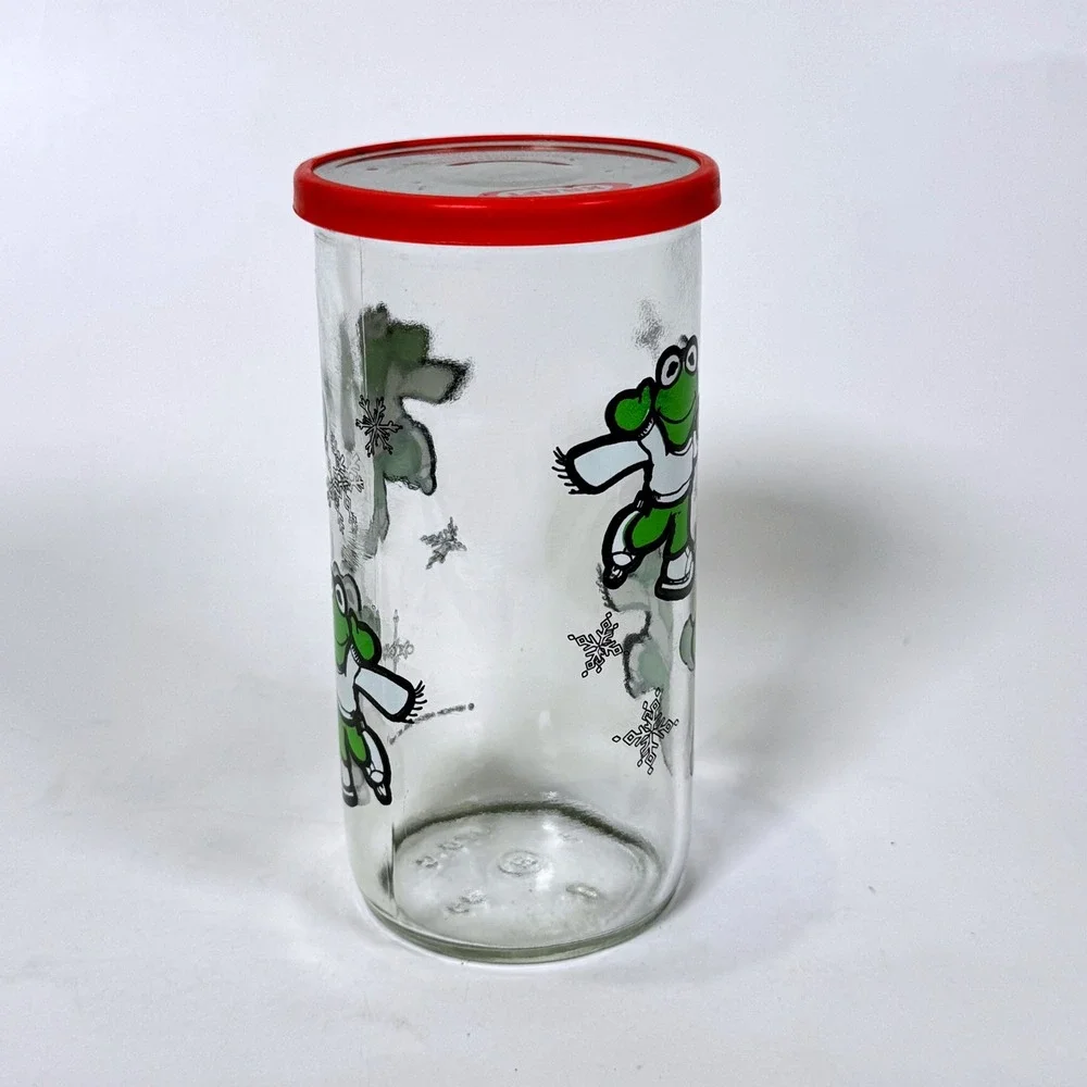 Vintage 1989 Kraft Kermit the Frog Ice Skating Glass Jelly Jar with Red Lid